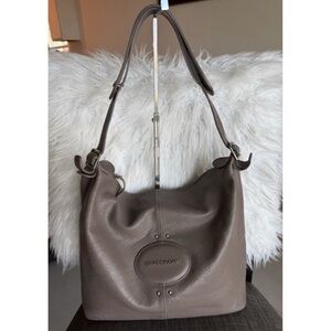LONGCHAMP Quadri Hobo Taupe Leather Shoulder Bag Tote Satchel Gray